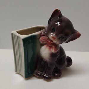 Vintage Royal Copley Ceramic Cat Book Planter Vase